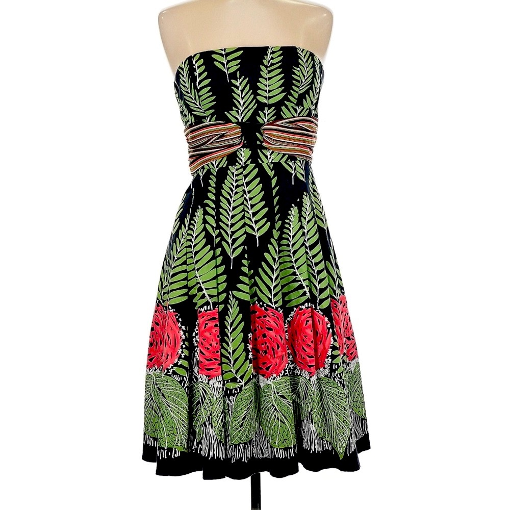 Kay Unger Black and Green Floral Midi Dress
